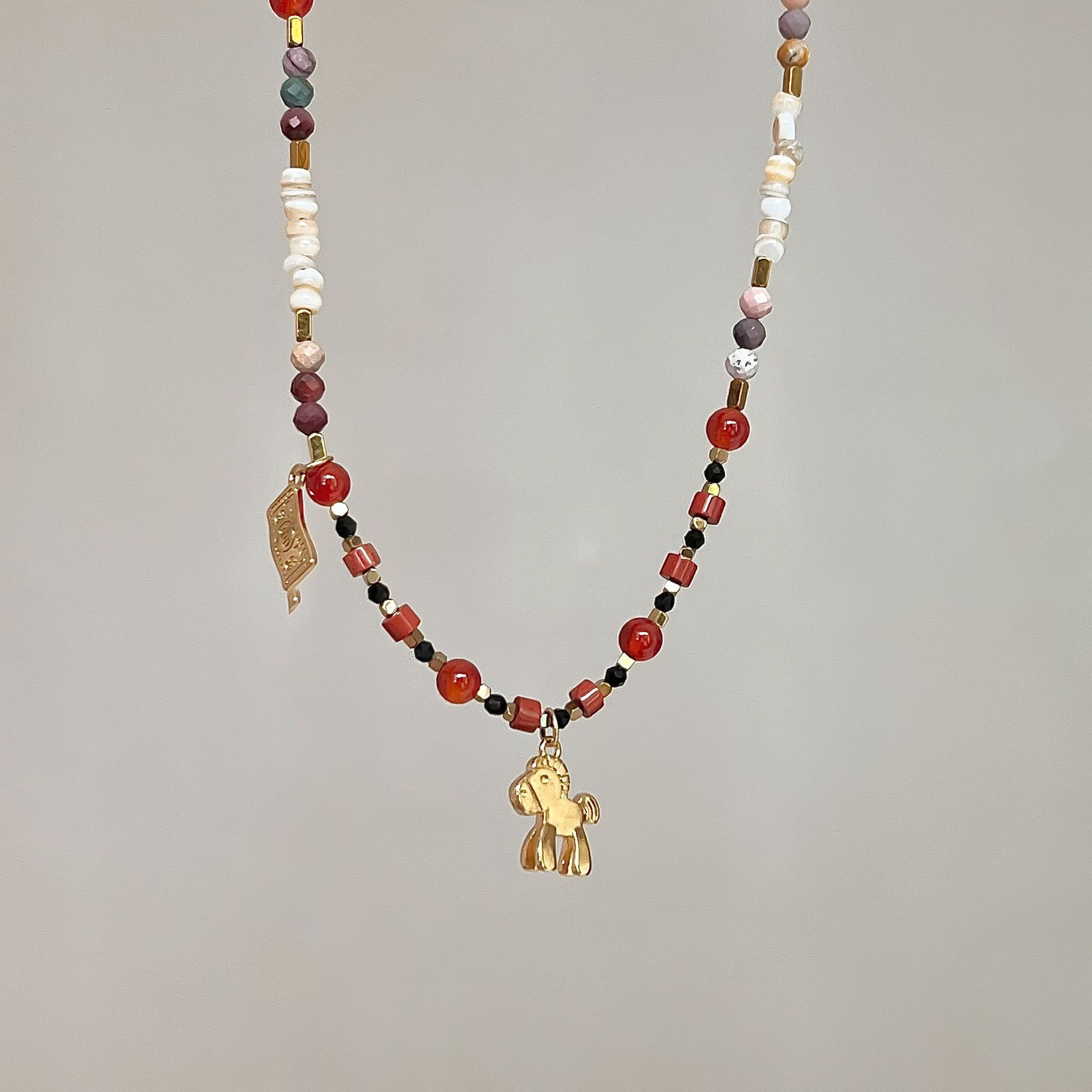 Retro Anqila Red Dunhuang-style Colorful Red Agate Layered Beaded Necklace