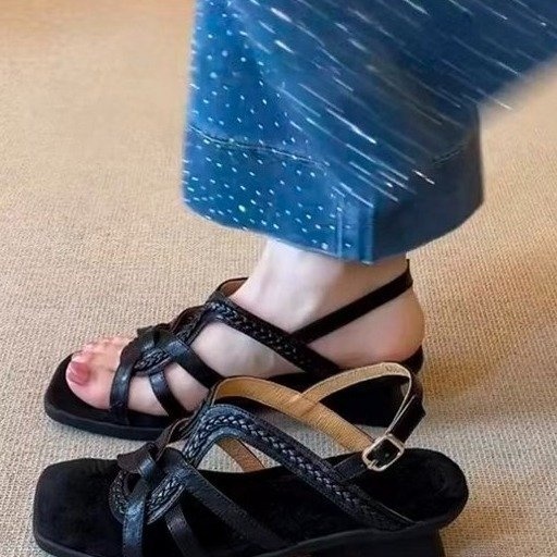 Vintage Square Toe Hollow Out Woven Peep-Toe Roman Sandals, Niche Designer Genuine Leather Versatile Women Sandals