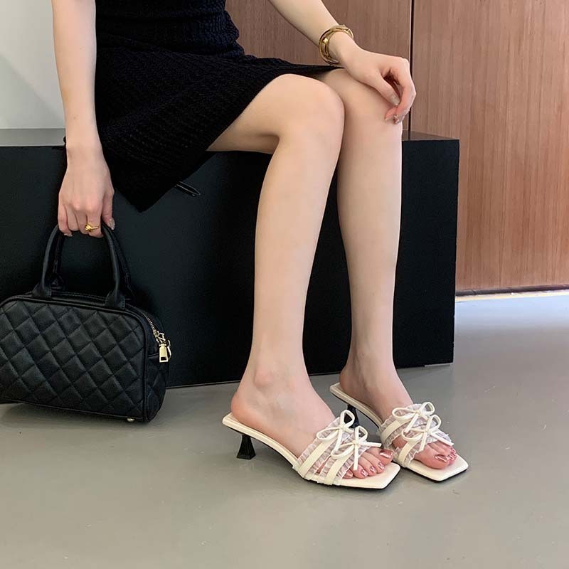 2026 Summer Women's Double Bow Slide Sandals, Mature Square Toe Open Toe Fashion Stiletto High Heel Outdoor Sandals