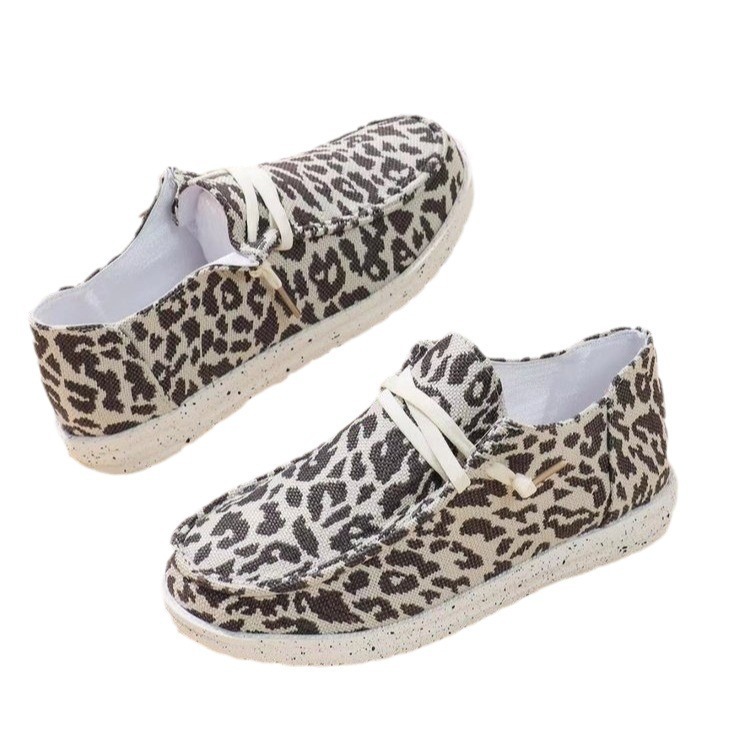 Flat Flyknit Casual Shoes Round Toe Large-Size Leopard-Print Pumps