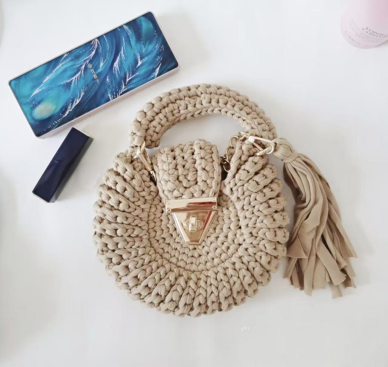 Bohemian Womens Solid-Colored Fabric-Strap Crochet Bag