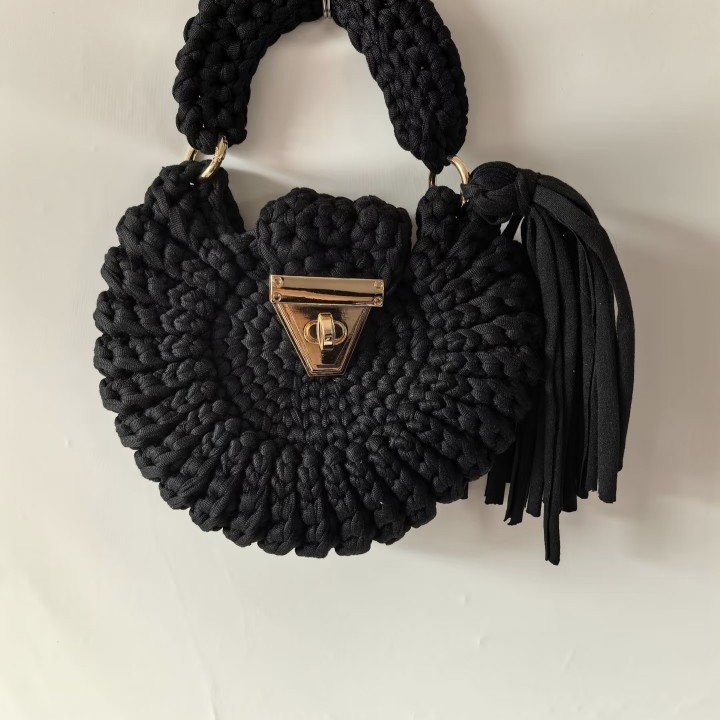 Bohemian Womens Solid-Colored Fabric-Strap Crochet Bag