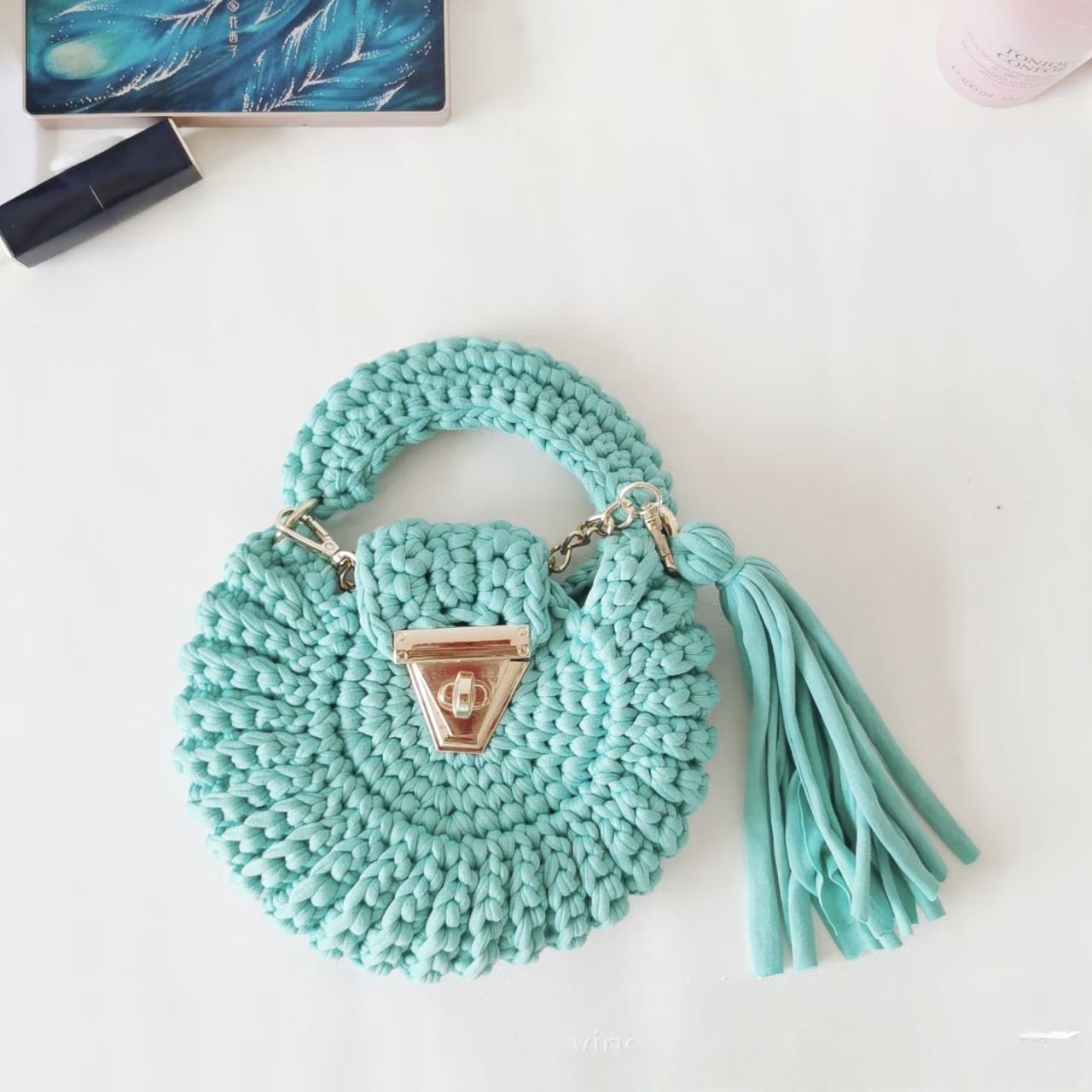 Bohemian Womens Solid-Colored Fabric-Strap Crochet Bag