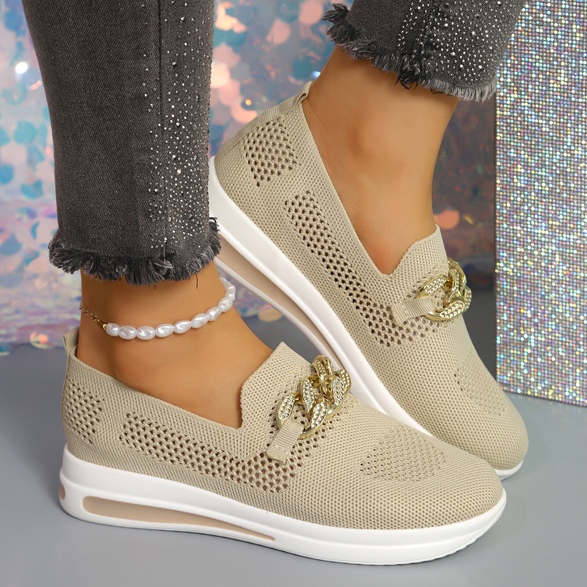 Breathable Hollowed-Out Upper Metal Chain Wedge Casual Shoes 43