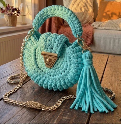 Bohemian Womens Solid-Colored Fabric-Strap Crochet Bag