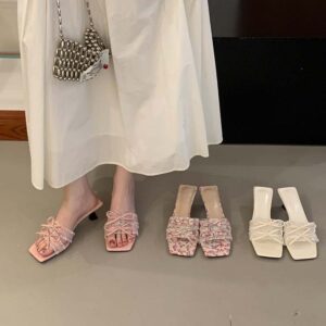 2026 Summer Women’s Double Bow Slide Sandals, Mature Square Toe Open Toe Fashion Stiletto High Heel Outdoor Sandals