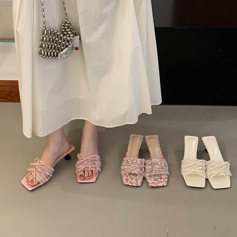 2026 Summer Women's Double Bow Slide Sandals, Mature Square Toe Open Toe Fashion Stiletto High Heel Outdoor Sandals