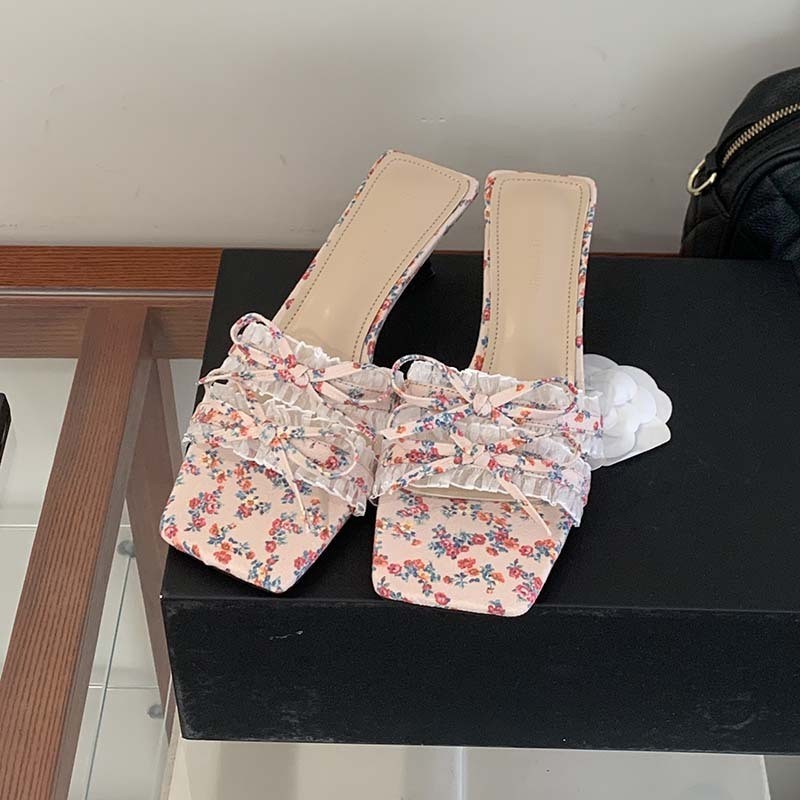 2026 Summer Women's Double Bow Slide Sandals, Mature Square Toe Open Toe Fashion Stiletto High Heel Outdoor Sandals