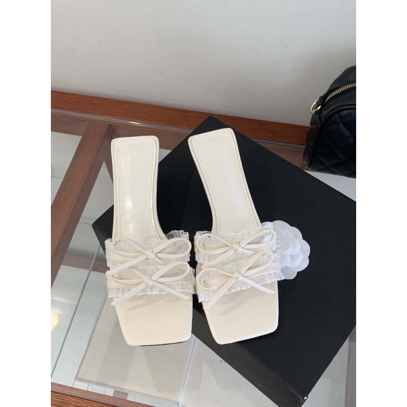 2026 Summer Women's Double Bow Slide Sandals, Mature Square Toe Open Toe Fashion Stiletto High Heel Outdoor Sandals