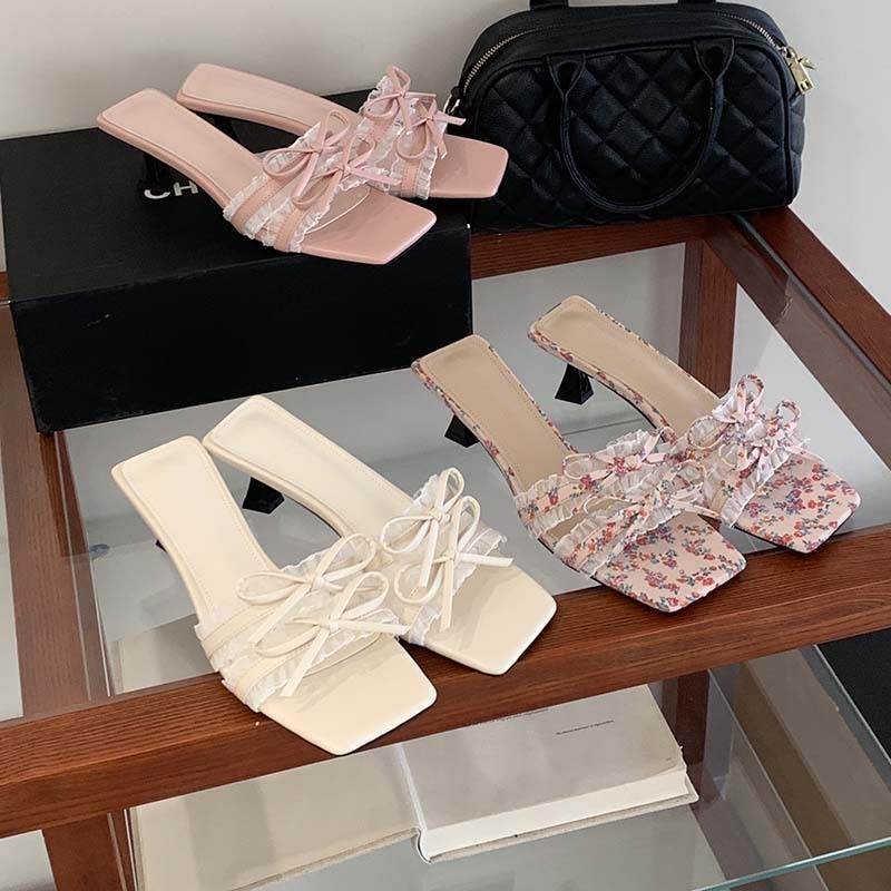 2026 Summer Women's Double Bow Slide Sandals, Mature Square Toe Open Toe Fashion Stiletto High Heel Outdoor Sandals