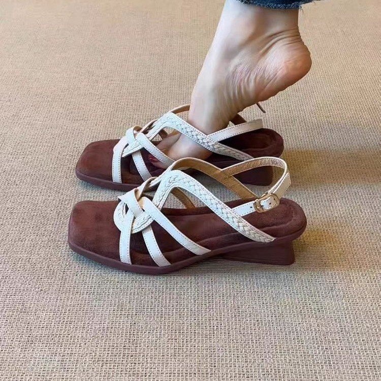 Vintage Square Toe Hollow Out Woven Peep-Toe Roman Sandals, Niche Designer Genuine Leather Versatile Women Sandals