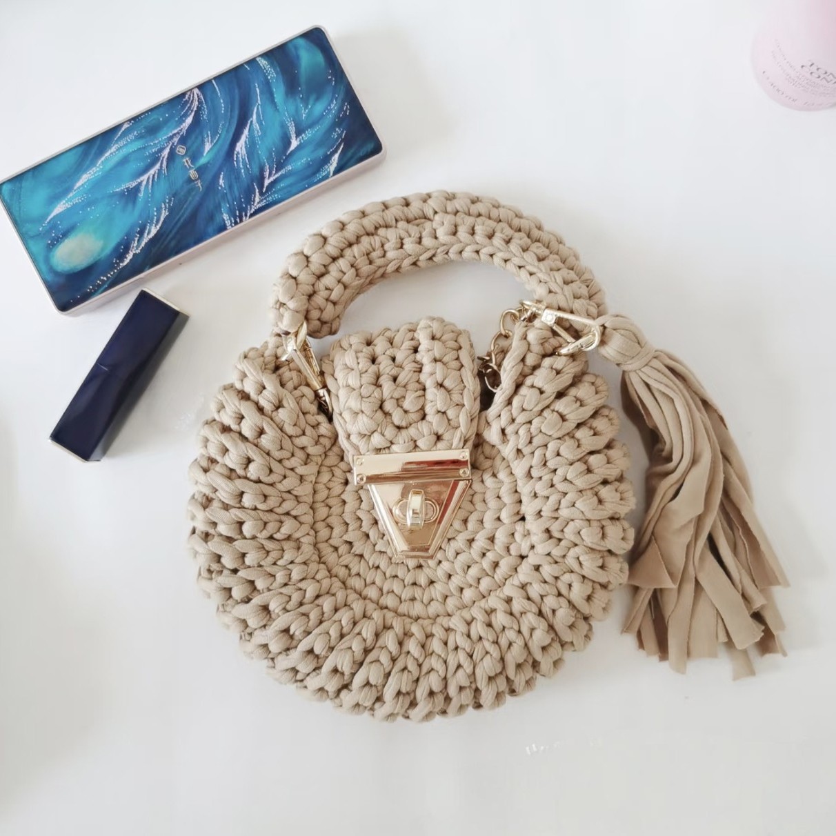 Bohemian Womens Solid-Colored Fabric-Strap Crochet Bag